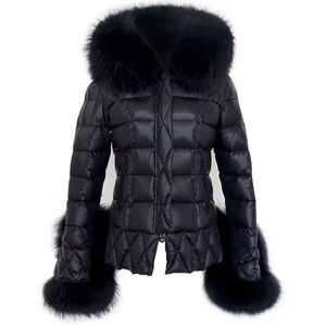Stunning black winter coat with oversized real racoon fur detachable cuffs